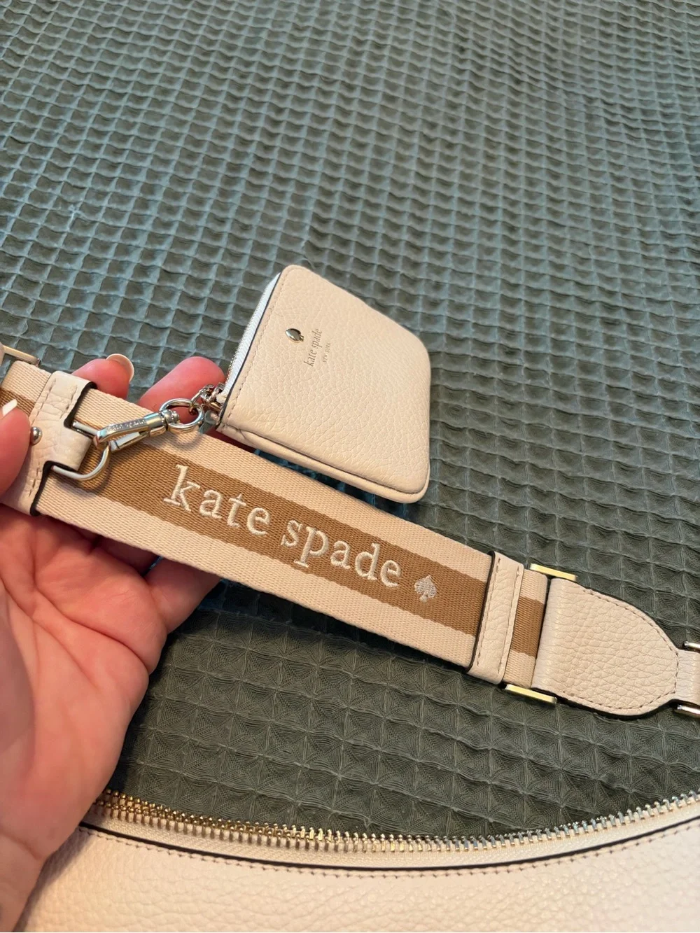 kate spade Cream Pebbled Leather Crossbody with Striped Strap and Coin Pouch
